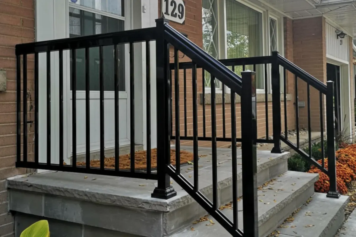 Black aluminum picket railings following the landing and steps of a brick home's front porch